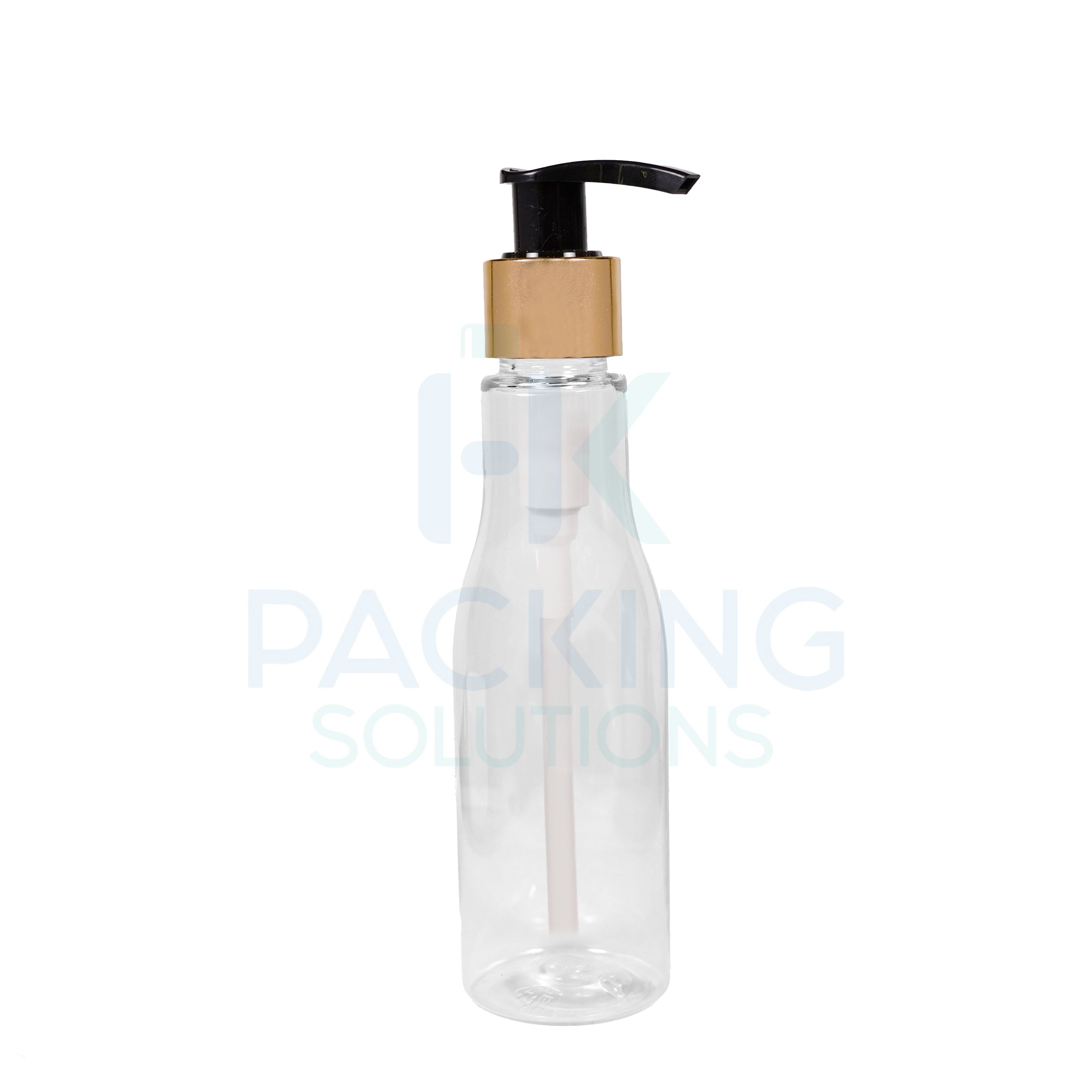 200ml Astha bottle clear with 24mm lotion pump ( gold with black )
