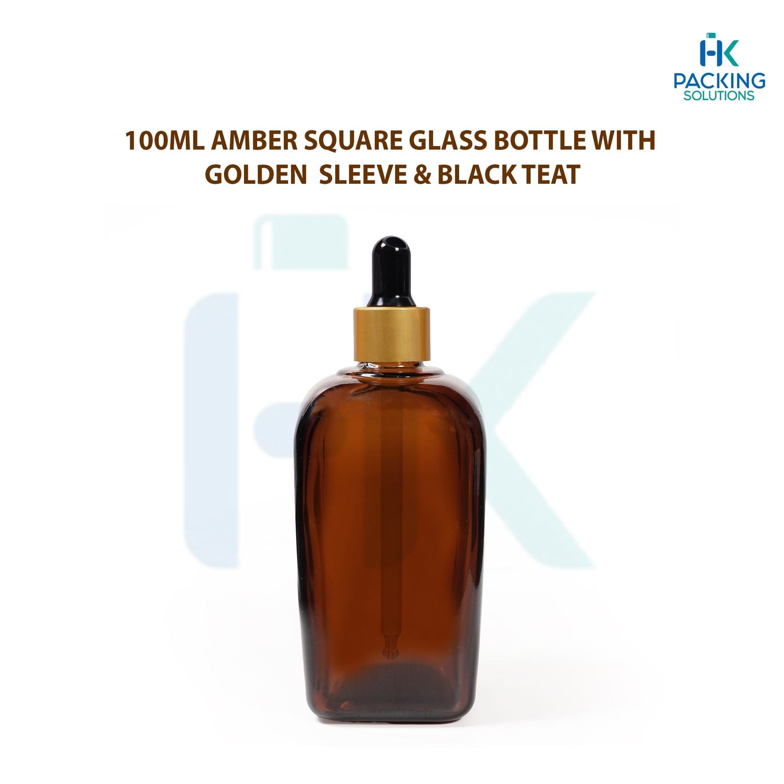 100ML AMBER SQUARE GLASS BOTTLE WITH GOLDEN SLEEVE & BLACK TEAT